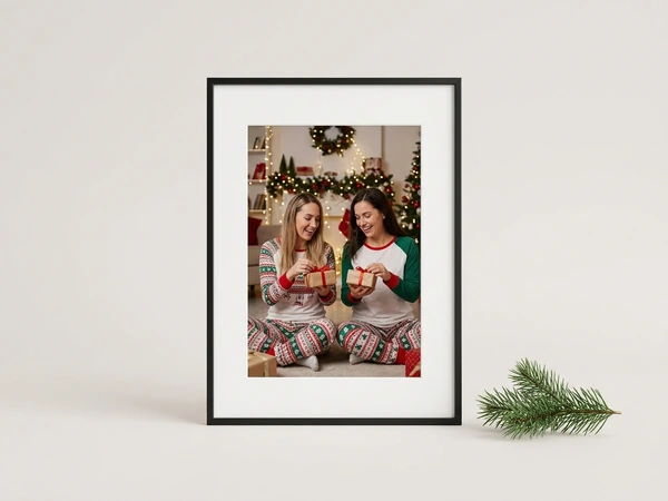 Black framed poster of two women in holiday pajamas opening small gifts on the floor
