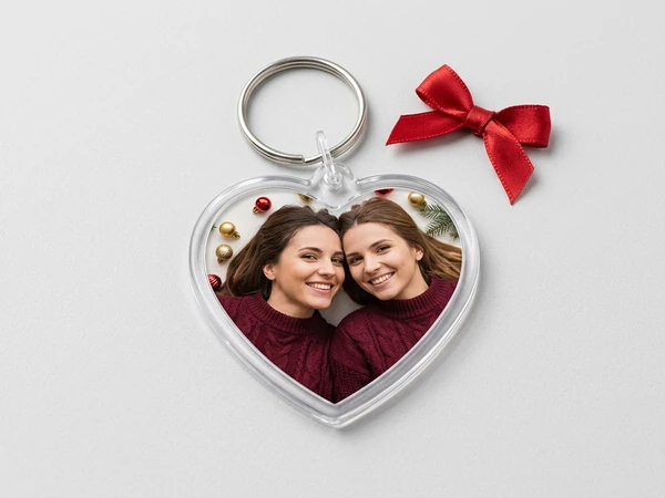 Heart keychain of two smiling women in burgundy sweaters cheek to cheek