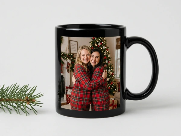 Black magic mug of two women in plaid pajamas hugging by a Christmas tree