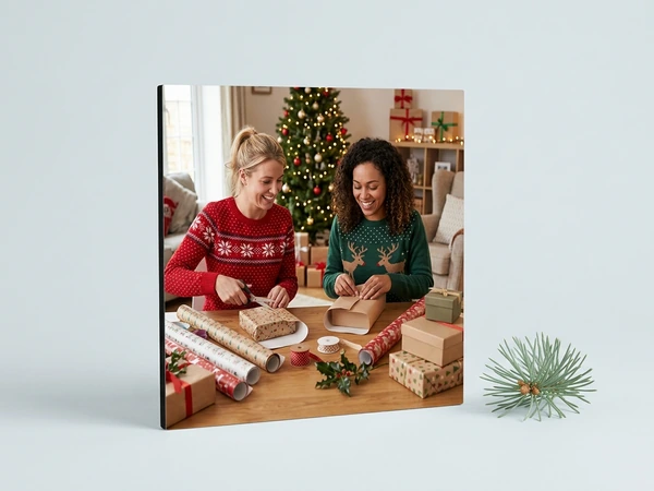 MIXPIX tile of two women wrapping presents at a table by a Christmas tree