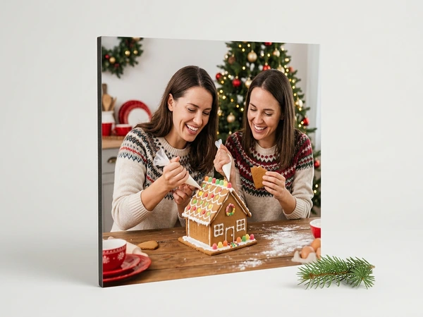 Photo board of two women in patterned sweaters decorating a gingerbread house