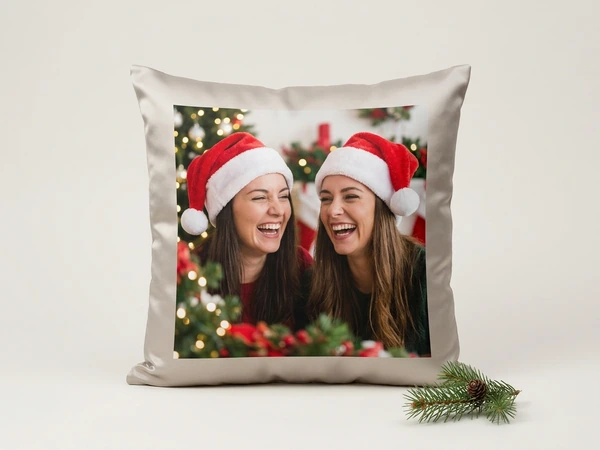 Satin pillow of two laughing women in Santa hats among festive lights