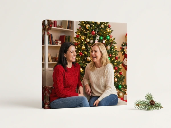 Square canvas of two women laughing on a sofa in front of a decorated Christmas tree