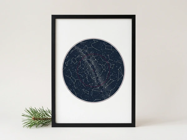 Black framed star map with a round constellation chart on navy