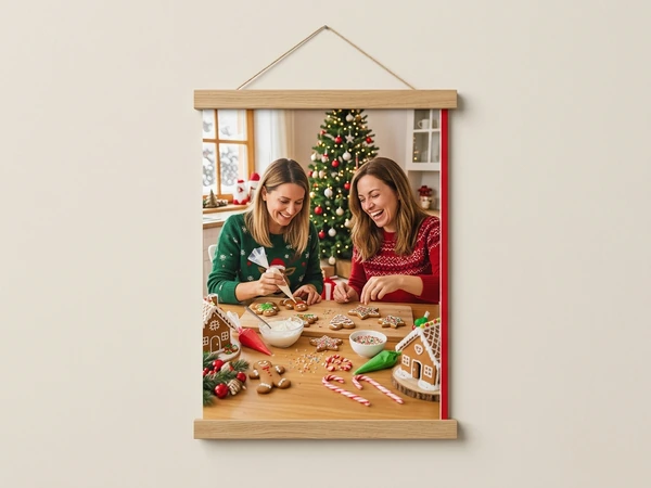 Oak canvas wall hanging of two women decorating gingerbread cookies at a kitchen table