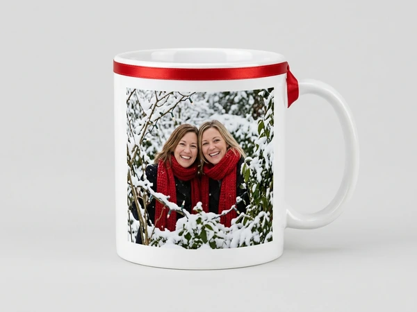 White photo mug of two women in red scarves among snow-covered branches