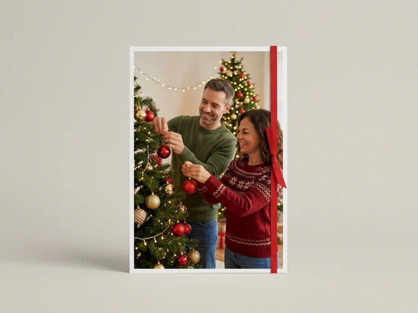 White bordered poster of a man and a woman hanging red ornaments on a Christmas tree