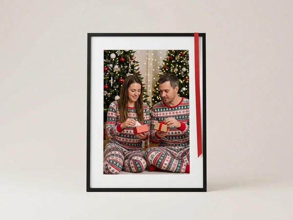 Black framed poster of a man and a woman in matching pajamas opening gifts by the tree