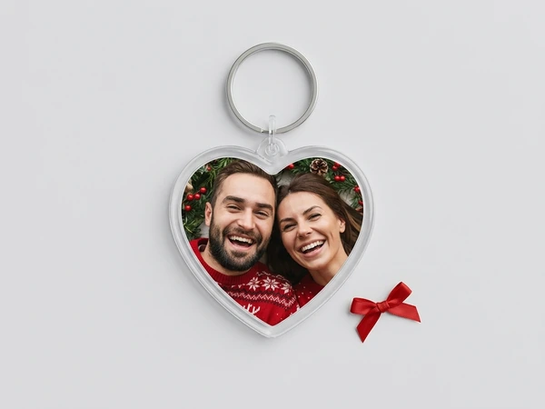 Heart keychain of a man and a woman smiling against a pine and berry garland