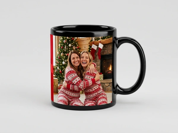 Black magic mug of two women in matching pajamas hugging by a fireplace and tree
