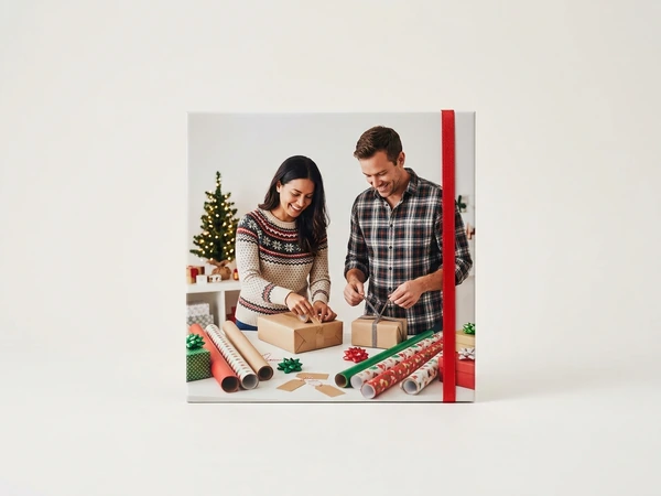 MIXPIX tile of a man and a woman wrapping gifts with kraft paper and festive rolls