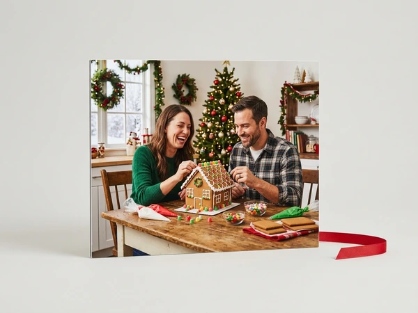 Photo board of a man and a woman building a gingerbread house at a wooden table
