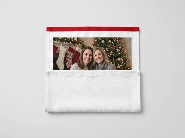 White photo towel of two women smiling by a Christmas tree and hung stockings