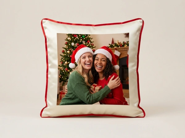 Red piped satin pillow of two women in Santa hats hugging beside a Christmas tree
