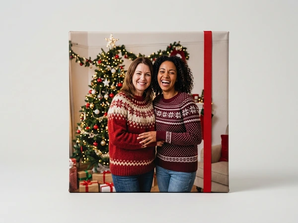 Square canvas of two women in Nordic sweaters laughing in front of a Christmas tree