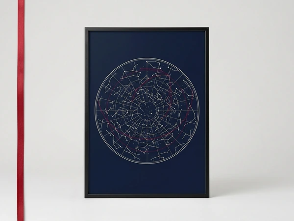 Black framed star map with a round constellation chart on navy