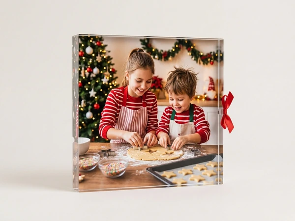 Acrylic print of a girl and a boy in aprons cutting star cookies from dough in a festive kitchen