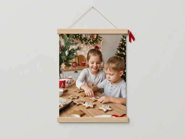 Canvas wall hanging with wooden rails of a girl and a boy decorating star cookies in a kitchen