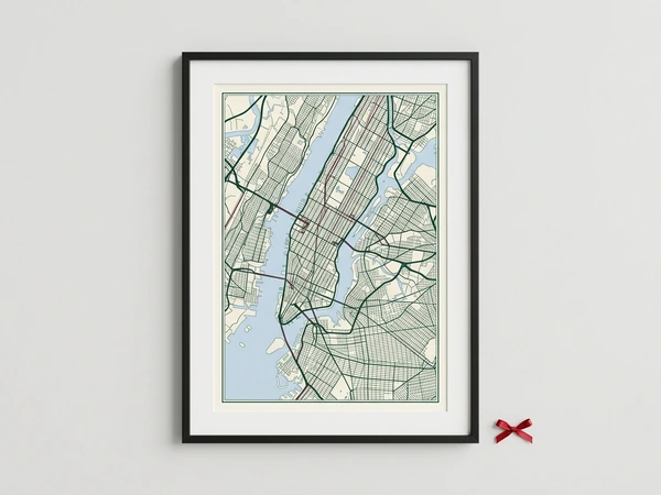 Black framed city map poster of Manhattan streets in dark green on cream