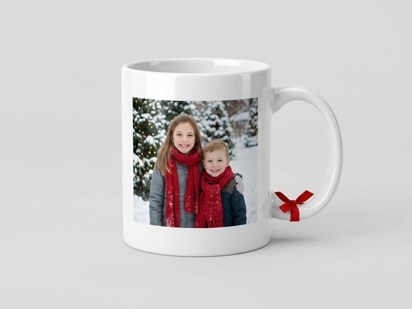White photo mug of a girl and a boy in red scarves standing among snowy evergreen trees