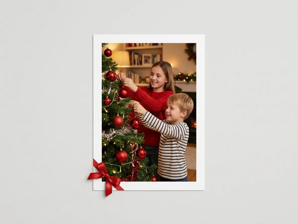 Classic poster with a white border of a girl and a boy hanging red ornaments on a Christmas tree