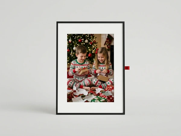 Black framed poster of a boy and a girl in matching pajamas opening gifts by a Christmas tree
