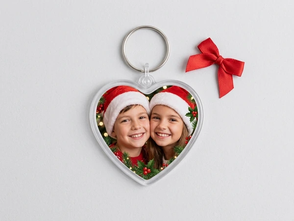 Heart keychain of a boy and a girl in Santa hats cheek to cheek inside a holly border