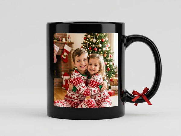 Black magic mug of a boy and a girl in matching pajamas hugging by a Christmas tree