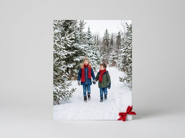 Metal print of a girl and a boy in red scarves walking hand in hand down a snowy forest path