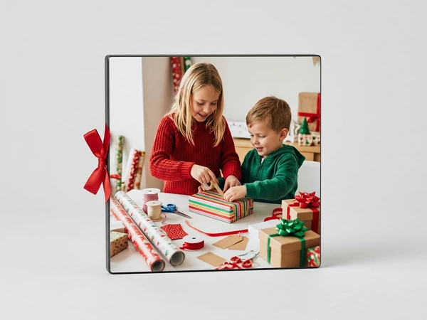 MIXPIX tile of a girl and a boy wrapping a striped gift at a table with ribbon and paper