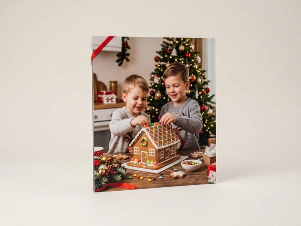 Photo board of two boys decorating a gingerbread house with candy in front of a Christmas tree