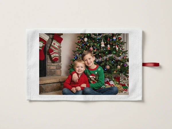 White photo towel of two boys hugging by a Christmas tree and a fireplace with stockings