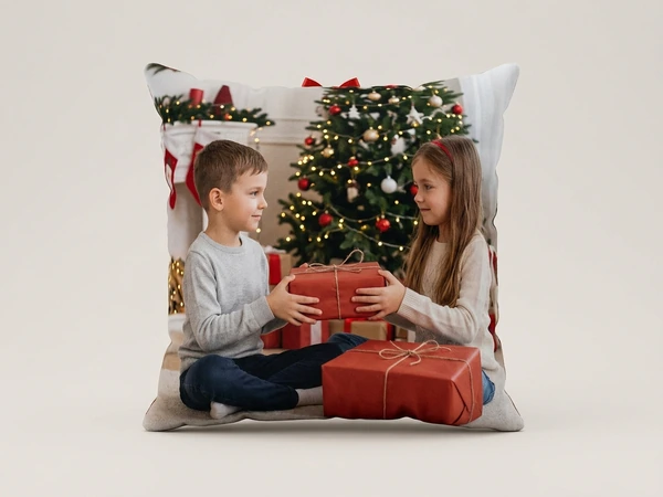 Plush pillow of a boy and a girl passing a wrapped gift box in front of a Christmas tree