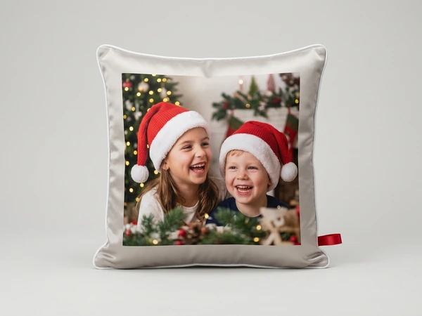 Satin pillow with white piping of a laughing girl and boy in Santa hats by a Christmas tree