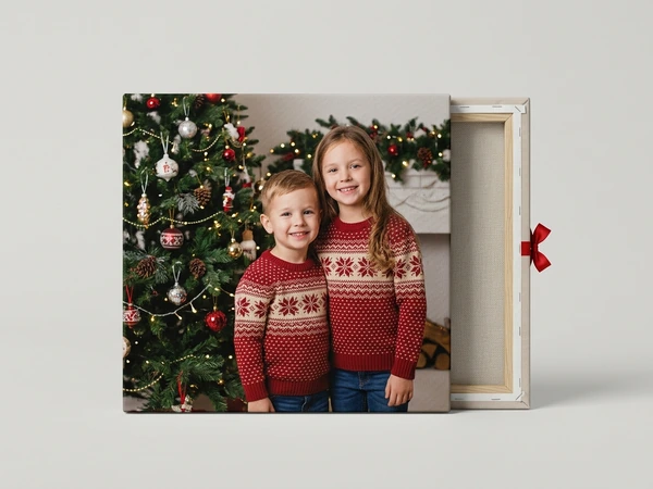 Square canvas with a white edge of a girl and a boy in matching red sweaters by a Christmas tree