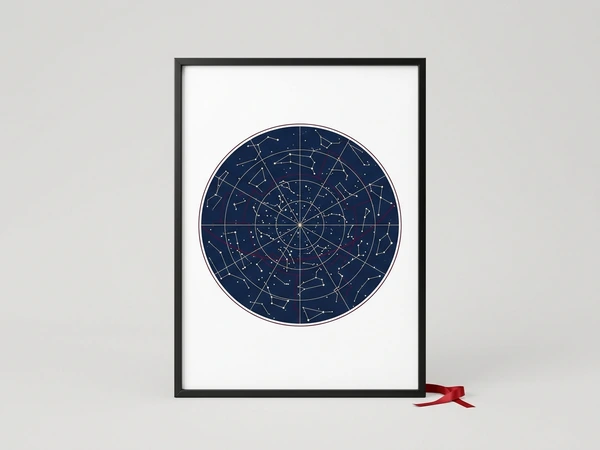 Black framed star map with a round constellation chart on navy