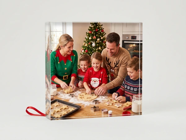 Acrylic print of a family of five in holiday sweaters cutting out cookies at a kitchen table