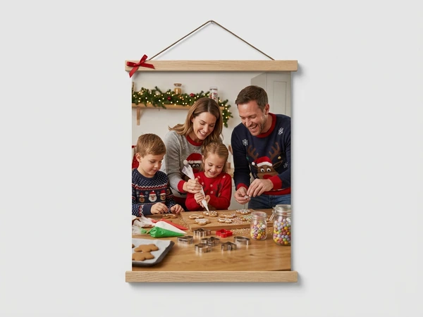 Canvas wall hanging with wooden rails of a family of four decorating Christmas cookies