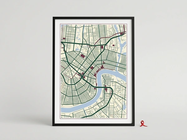 Black framed city map poster with green streets and a winding blue river