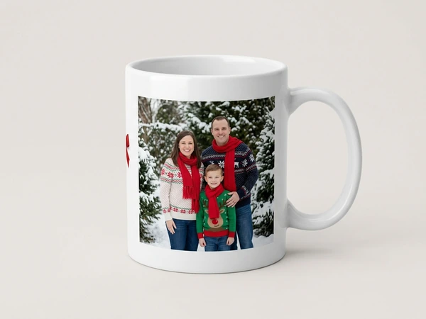 White photo mug of a man, a woman and a boy in red scarves among snowy pine trees
