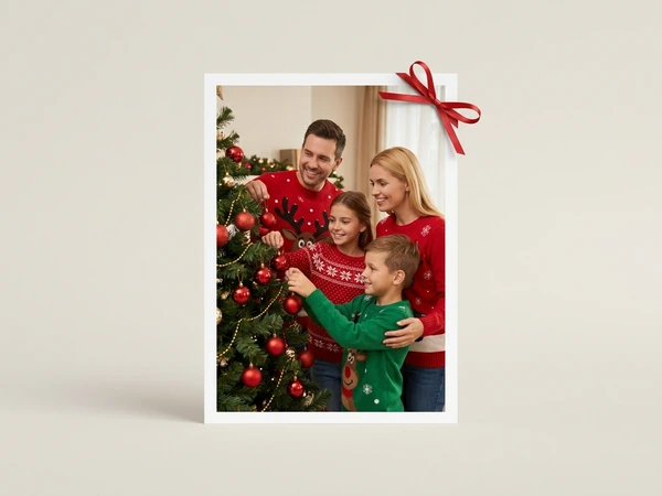 Classic poster with a white border of a family of four hanging ornaments on a Christmas tree