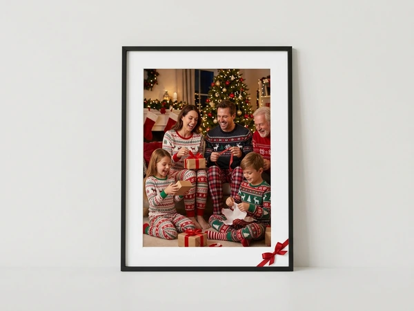 Black framed poster of a family in matching pajamas opening gifts by a Christmas tree