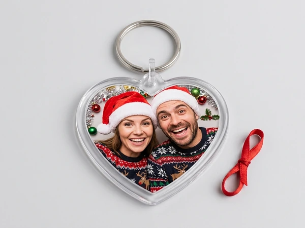 Heart keychain of a smiling couple in Santa hats and festive sweaters