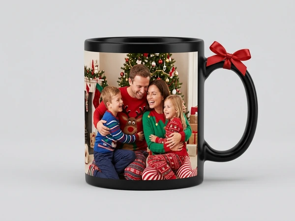 Black magic mug of a family of four hugging in front of a Christmas tree