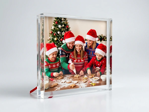 MixBlox acrylic block of a family of five in Santa hats decorating gingerbread cookies