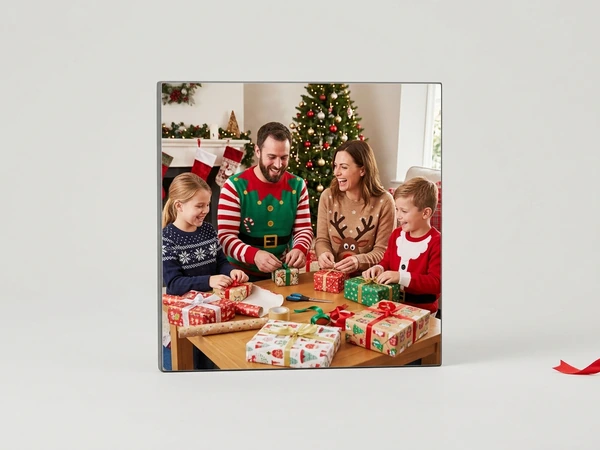 MIXPIX tile of a family of four wrapping presents at a table by a Christmas tree