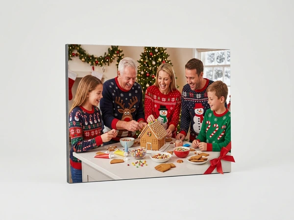 Photo board of a family of five building a gingerbread house in front of a Christmas tree