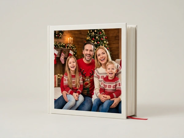 Photo book with a cover of a family of four in red sweaters by a Christmas tree