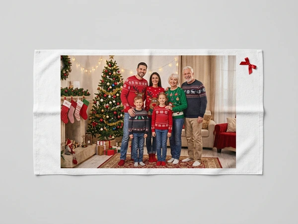 Photo towel of a family of six in holiday sweaters posing in front of a Christmas tree