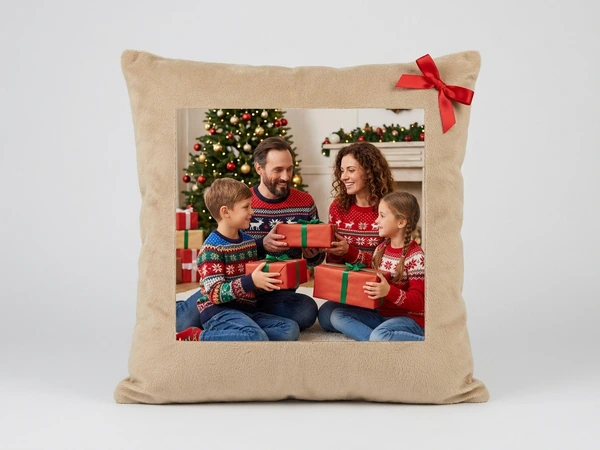 Beige plush pillow of a family of four holding wrapped gifts by a Christmas tree